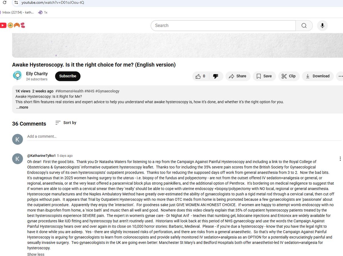 youtube.com/watch?v=D01oJO…  Please keep commenting on Awake Hysteroscopy - Is it the Right Choice for me?  Here's a comment from a member of the Campaign Against Painful Hysteroscopy who was asked but declined to support this 'consent tool'.