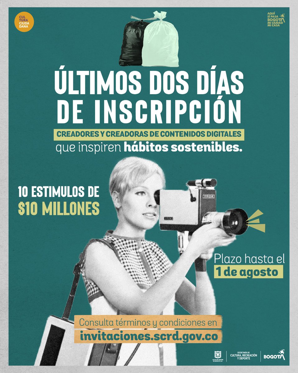 #AquíSíPasa |⏰¡Atención!

🌟Solo quedan dos días para inscribirse a la convocatoria de estímulos para creadores digitales que quieran generar contenidos que promuevan la adecuada disposición y separación de residuos en Bogotá.

Inscríbete YA aquí:
▶️invitaciones.scrd.gov.co/verInvitacion/…