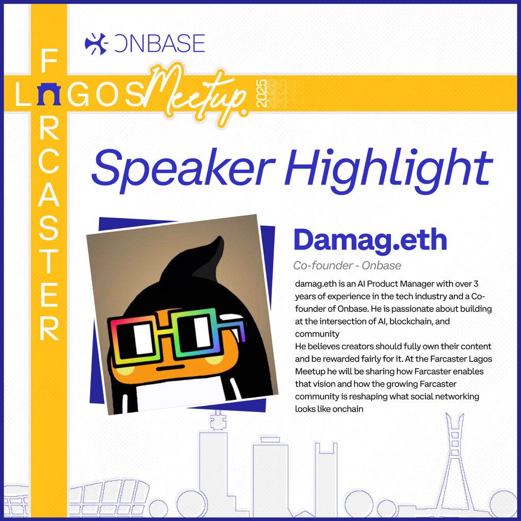 Onbase (@onbasehq) on Twitter photo We’ve got an exciting lineup for the meetup sessions
<a href="/Sir_Damilare/">Dami.base.eth</a>, Base West Africa Lead
He’ll be breaking down what Base is all about and showcasing the Base App
<a href="/0xmelanin/">Melanin(✧ᴗ✧) 💭💜</a>, CM at Ponder. She’ll talk about how builders can earn on Farcaster, using Ponder as a use case We’ve got an exciting lineup for the meetup sessions
<a href="/Sir_Damilare/">Dami.base.eth</a>, Base West Africa Lead
He’ll be breaking down what Base is all about and showcasing the Base App
<a href="/0xmelanin/">Melanin(✧ᴗ✧) 💭💜</a>, CM at Ponder. She’ll talk about how builders can earn on Farcaster, using Ponder as a use case