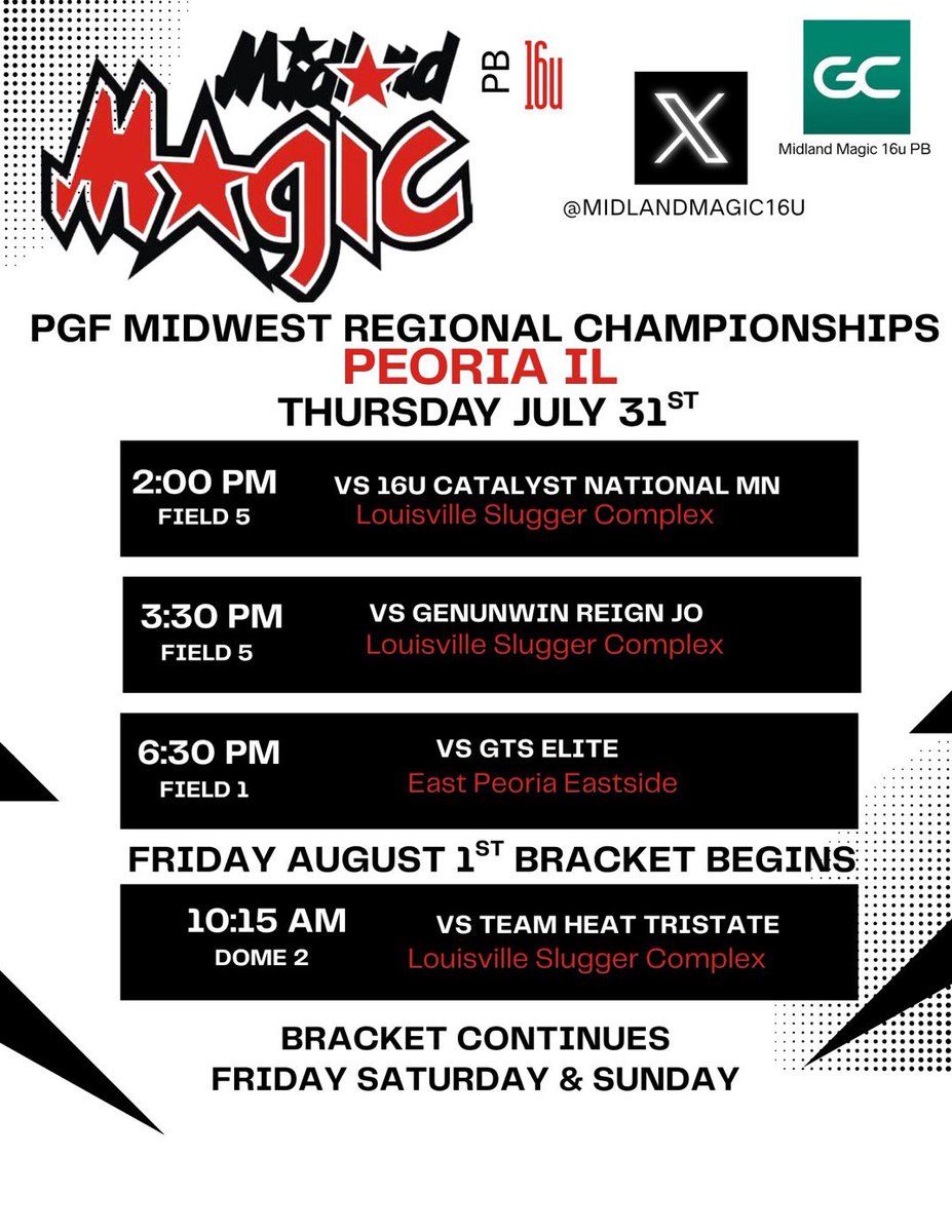 Hard to believe another season is coming to an end but not before we take the field one last time at the #PGidwestregionalChampionship in Peoria Illinois. Looking forward to a strong close to the season with <a href="/Midlandmagic16u/">Midland Magic 16u PB</a>