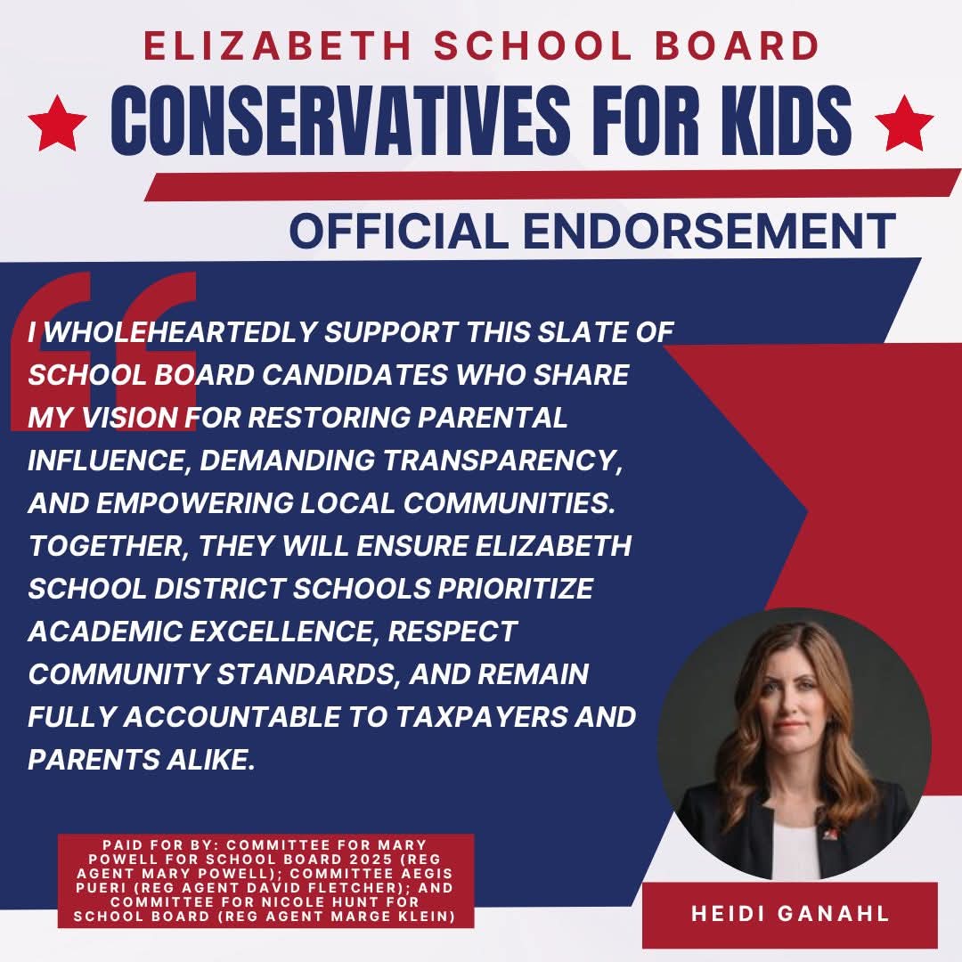 Jeff Hunt (@jeffhunt) on Twitter photo .<a href="/heidiganahl/">Heidi Ganahl</a> endorsing <a href="/nicolehunt/">Nicole Hunt</a> and the Conservatives for Kids slate of candidates in the Elizabeth School Board election. .<a href="/heidiganahl/">Heidi Ganahl</a> endorsing <a href="/nicolehunt/">Nicole Hunt</a> and the Conservatives for Kids slate of candidates in the Elizabeth School Board election.