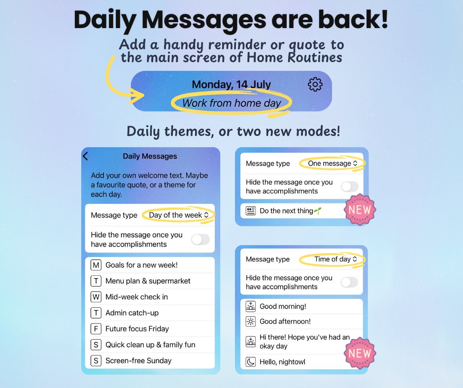 HomeRoutines's tweet image. Adding daily themes can give your week a gentle rhythm. We got lots of requests to bring back the daily messages feature to our updated app, and I'm also really happy to have it back!