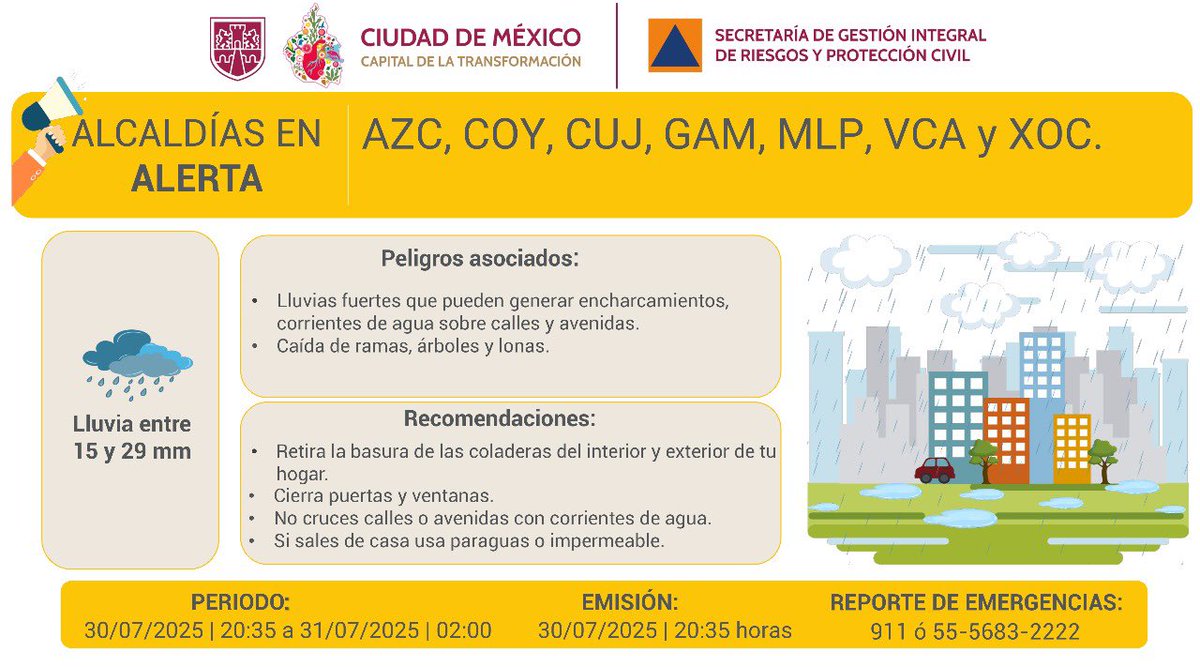 #AlMomento 🌧️Se actualiza Alerta Amarilla por persistencia de #lluvias fuertes durante la noche de este miércoles 30 y la madrugada del jueves 31 de julio.

Demarcaciones afectadas: <a href="/AzcapotzalcoMx/">Alcaldía Azcapotzalco</a>, <a href="/Alcaldia_Coy/">Alcaldía de Coyoacán</a>, <a href="/cuajimalpa_gob/">Alcaldía Cuajimalpa</a>, <a href="/TuAlcaldiaGAM/">Alcaldía Gustavo A. Madero</a>, <a href="/AlcMilpaAlta/">Alcaldía Milpa Alta</a>, <a href="/A_VCarranza/">Alcaldía Venustiano Carranza</a> y
