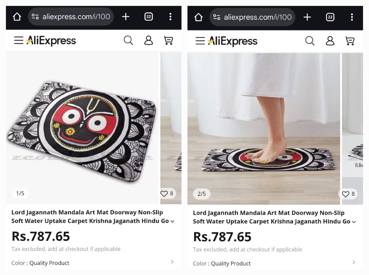 Sudarsan Pattnaik (@sudarsansand) on Twitter photo Jai Jagannath š
We appeal to all devotees worldwide to raise their voice against this unacceptable act. The sacred image of Mahaprabhu Jagannath on a doormat sold by <a href="/AliExpress_EN/">AliExpress</a> is deeply offensive. Remove it, apologize, and ensure this never happens again. Jai Jagannath š
We appeal to all devotees worldwide to raise their voice against this unacceptable act. The sacred image of Mahaprabhu Jagannath on a doormat sold by <a href="/AliExpress_EN/">AliExpress</a> is deeply offensive. Remove it, apologize, and ensure this never happens again.