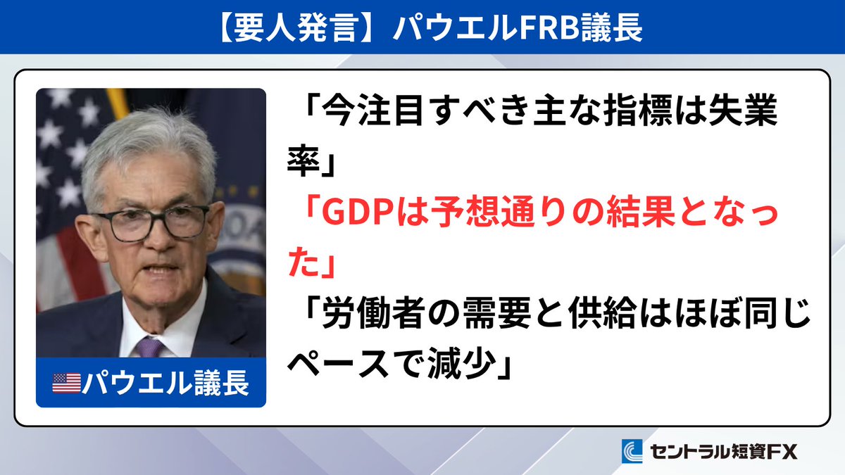 要人発言】 パウエル米連邦準備理事会（FRB）議長 「今注目すべき主な指標は失業率」 「GDPは予想通りの結果となった」  「労働者の需要と供給はほぼ同じペースで減少」