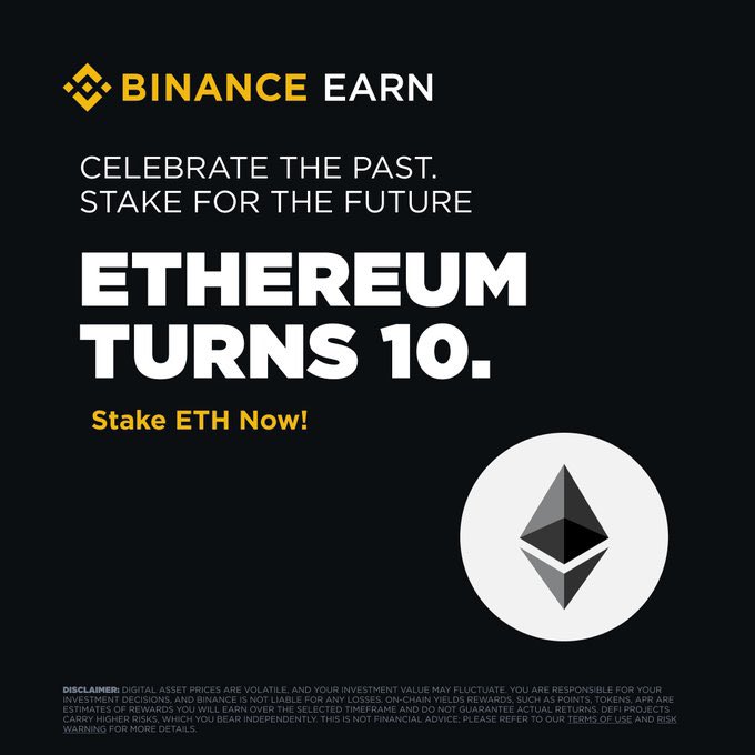 10 years of Ethereum!
From genesis block to game-changer — and it’s just getting started.

Still holding ETH? Make it work harder for you.

🚀 Stake on Binance Earn &amp; enjoy even higher APR — no extra effort needed.

 Stake now 👉 shorturl.at/yPeXs