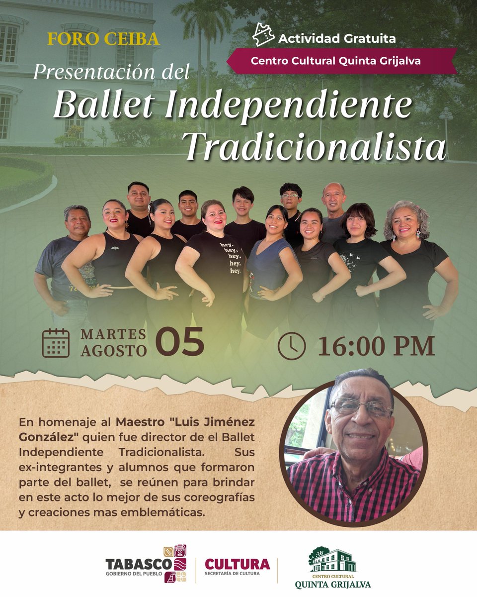 El Ballet Independiente Tradicionalista regresa al escenario para rendir homenaje al Maestro Luis Jiménez González ✨.
Sus ex-integrantes y alumnos se reúnen para compartir las creaciones más emblemáticas que marcaron su historia. 🕺🏻🥹💃🏻

🗓 Martes 5 de agosto
🕓 16:00 horas