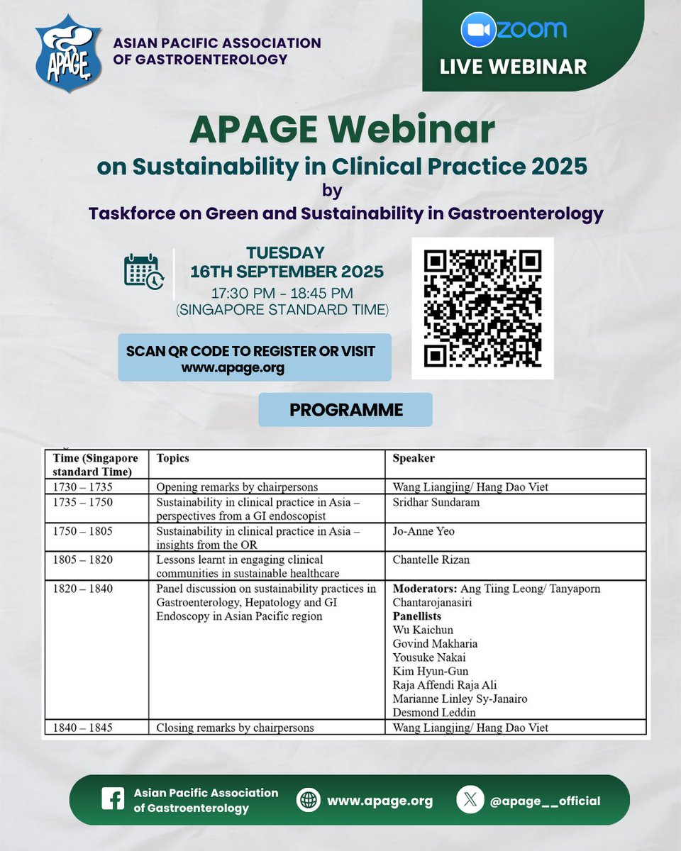 🌍 Join the #APAGEWebinar on Sustainability in Clinical Practice 2025!

🗓 16 Sept | 🕠 5:30–6:45 PM (GMT+8)
📌 Zoom | 🌱 Green healthcare strategies
🎓 Expert panel across Asia-Pacific
🔗 Register now at: us06web.zoom.us/meeting/regist…

#ClimateAction #SustainableHealthcare #APAGE