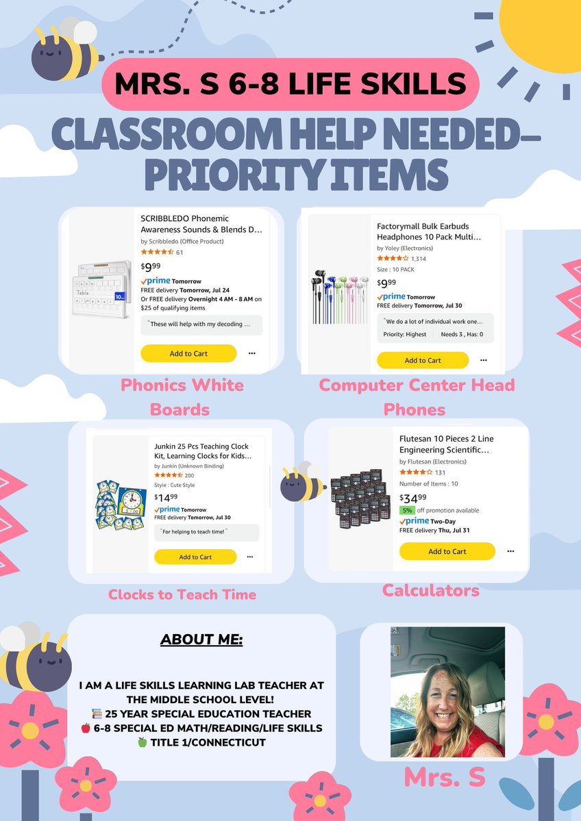 <a href="/playprekplay/">June</a> I am a life skills learning lab teacher at the middle school level! We have 4 priority items that we are in need of to start the school year. Any help is appreciated! #clearthelist 
📚 25 year Special Education Teacher
🍎 6-8 Special Ed Math/Reading/Life Skills
🍏 Title