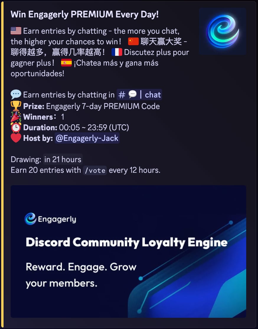 🎉 Win Engagerly PREMIUM daily! 💬 Chat to score a 7-day PREMIUM code—more chats, better odds! Join now: discord.gg/URtKFKHWYt 🎁 #DailyGiveaway #Engagerly #CommunityBuilding