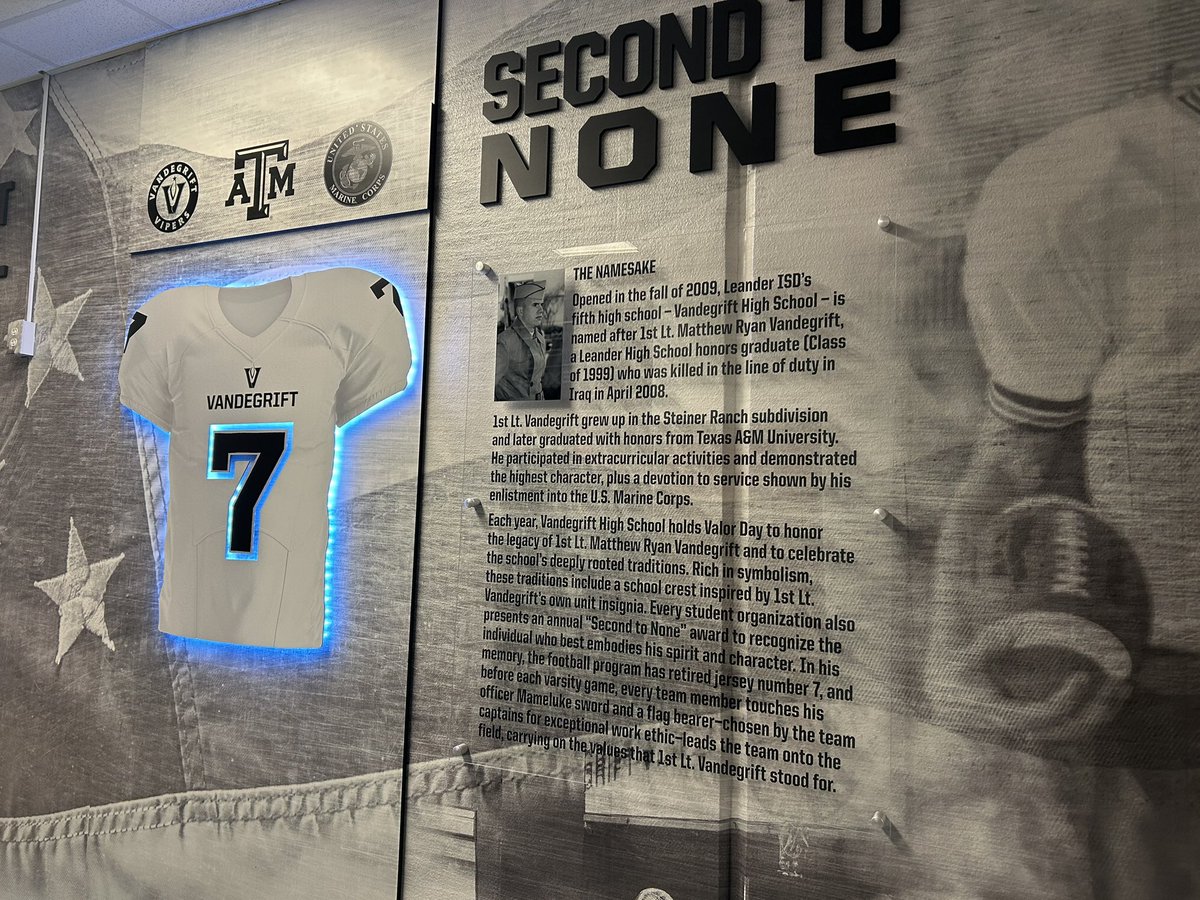 Vandegrift Football (@vhsfootball) on Twitter photo Our time honored tradition of teaching our incoming freshman class about Matthew Vandegrift and his sacrifice for his country. The freshman are checking out his Mameluke sword and the new display showing his retired jersey 🇺🇸 #SecondtoNone <a href="/LeanderISD/">Leander ISD</a> Our time honored tradition of teaching our incoming freshman class about Matthew Vandegrift and his sacrifice for his country. The freshman are checking out his Mameluke sword and the new display showing his retired jersey 🇺🇸 #SecondtoNone <a href="/LeanderISD/">Leander ISD</a>