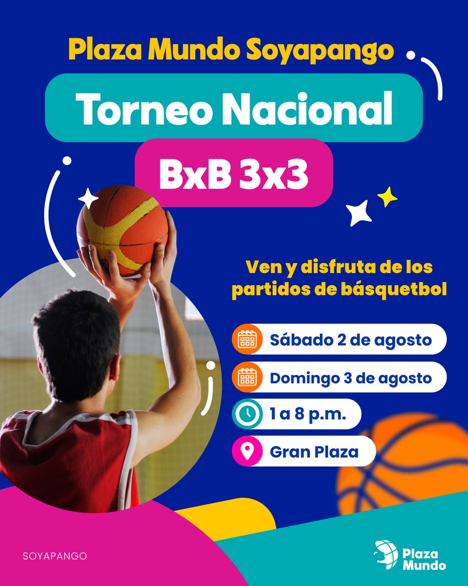 🏀 ¡Ven a disfrutar del Torneo Nacional de Basquetbol 3x3 en #PlazaMundoSoyapango! Este 2 y 3 de agosto, ven a apoyar a tus equipos favoritos.

📍 Gran Plaza, 4a etapa.
🕐 De 1:00 p.m. a 8:00 p.m.

¡No te lo puedes perder! Entrada gratis y mucha emoción garantizada. 🔥💥