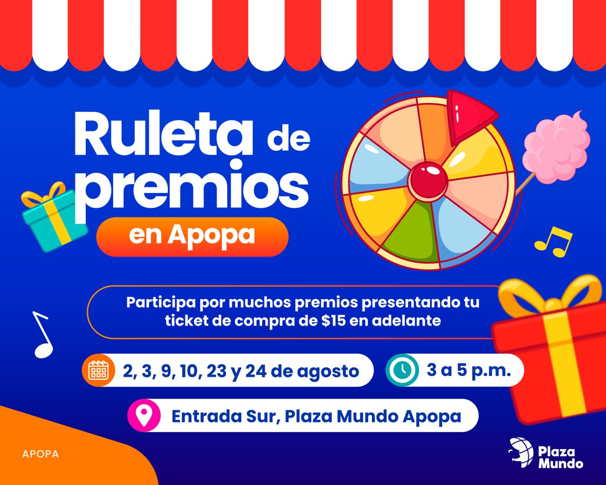 🎁 ¡Gira y gana con la Ruleta de Premios! Presenta tu ticket de compra por $15 o más y participa para ganar increíbles premios.

📍Plaza Mundo Apopa – Entrada Sur
🗓 2, 3, 9, 10, 23 y 24 de agosto
⏰ De 3:00 p.m. a 5:00 p.m.

¡Te esperamos! 🙌

#RuletaDePremios #PlazaMundoApopa