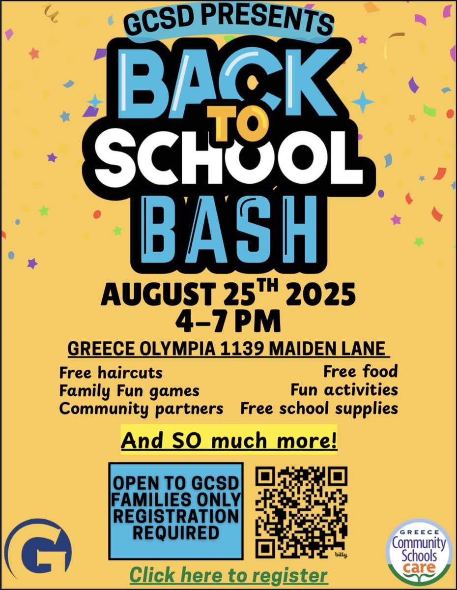 GCSD Community Schools (@gcsdcommschools) on Twitter photo Join us <a href="/GreeceCentral/">Greece Central</a> families at our Annual Back to School Bash! Registration required: docs.google.com/forms/d/e/1FAI… Join us <a href="/GreeceCentral/">Greece Central</a> families at our Annual Back to School Bash! Registration required: docs.google.com/forms/d/e/1FAI…