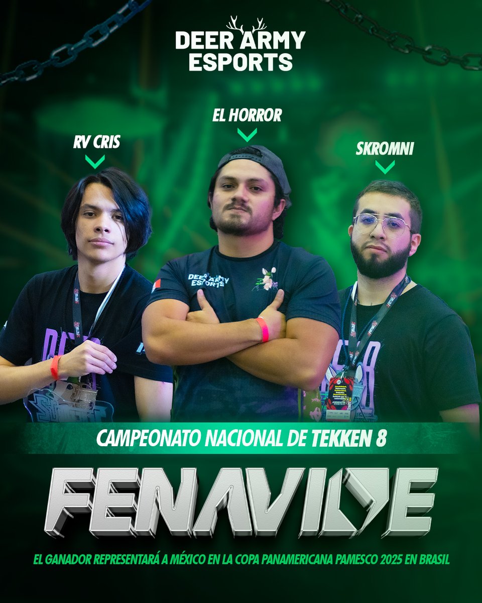 Deer Army on the Road to Glory🏆🦌

Este sábado 2 de agosto, <a href="/ElHorror_TK/">DEER ElHorror</a>, <a href="/RVCris_TK/">RV Cris</a> y <a href="/Skromni_/">DEER | Skromni</a> competirán por representar a México en la Copa Panamericana PAMESCO🏆

También estará <a href="/ElYisusFGC/">DEER|El Yisus</a> comentando el evento 🎙️

📺 2:30 PM CDMX vía twitch.tv/FENAVIDE

#Tekken8