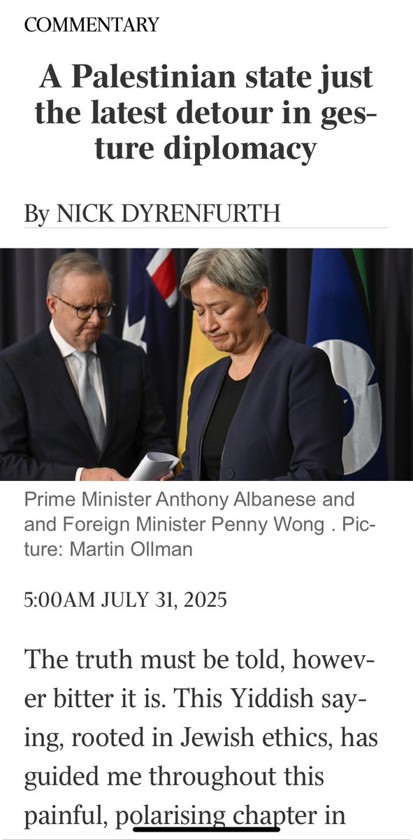Nick Dyrenfurth, Murdoch’s favourite Labor person banging on about the truth and denying Palestinian recognition.
How about the truth of decades of Israeli apartheid, ethnic cleansing, intimidation and unlawful killings of Palestinians. His memory is biased, short term and biased