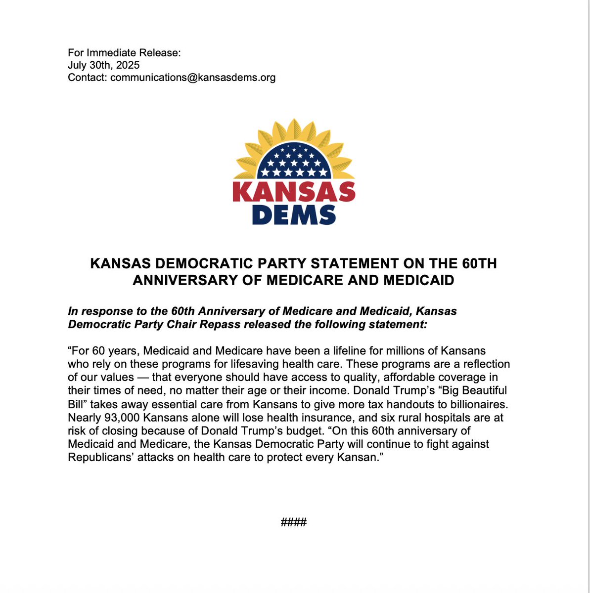 KDP Chair Repass, released the following statement in response to the 60th Anniversary of Medicare and Medicaid.