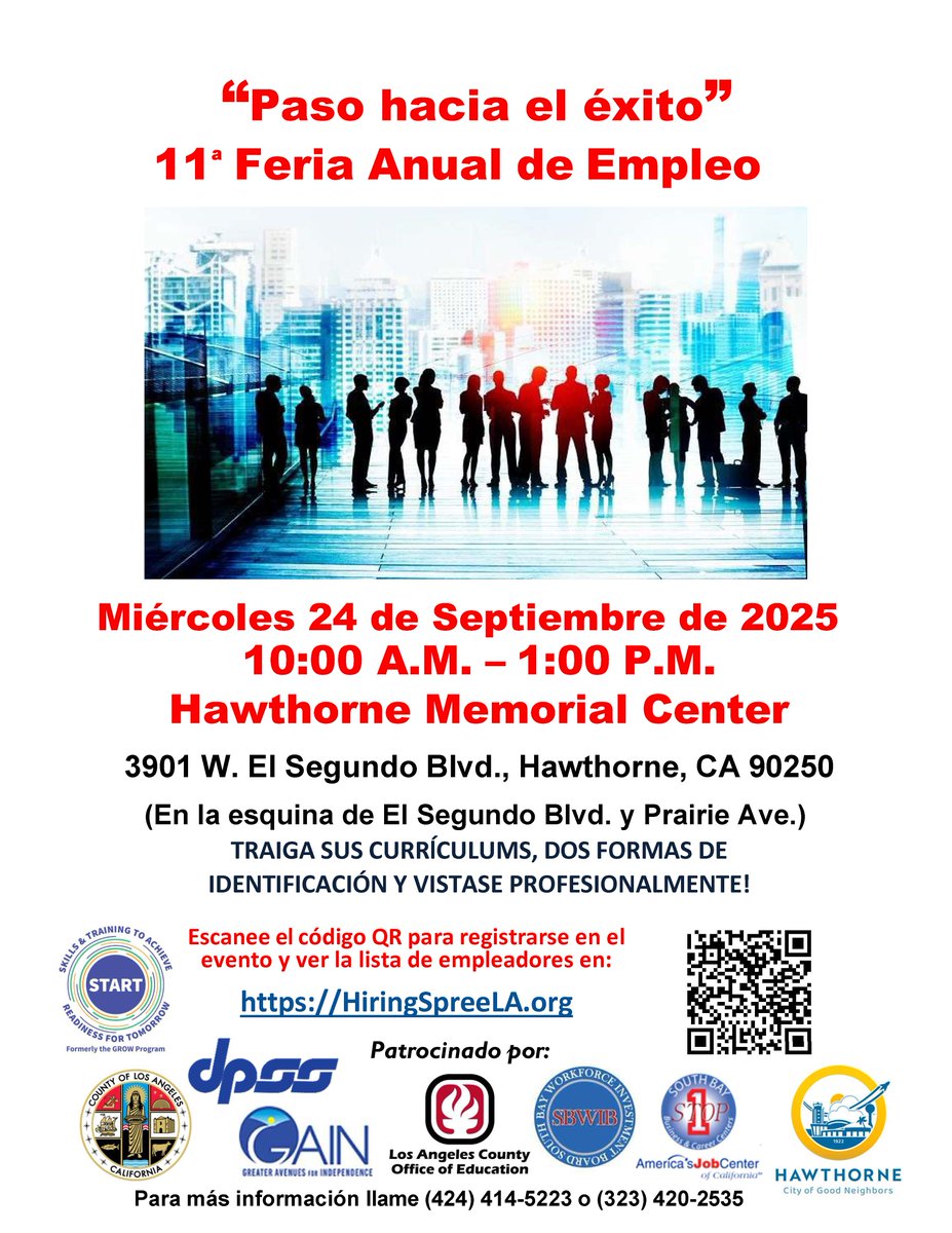 LACo_DPSS's tweet image. 📣 Calling all #jobseekers. Join #LACoDPSS for its 11th annual #StepIntoSuccess #jobfair on Wednesday, September 24, 2025 👨‍💼🤝👩‍💼

A variety of employers will be in attendance 💼

⌚ 10AM – 1PM

📍 3901 W. El Segundo Blvd., Hawthorne, CA 90250

✍️ Register: docs.google.com/forms/d/e/1FAI…