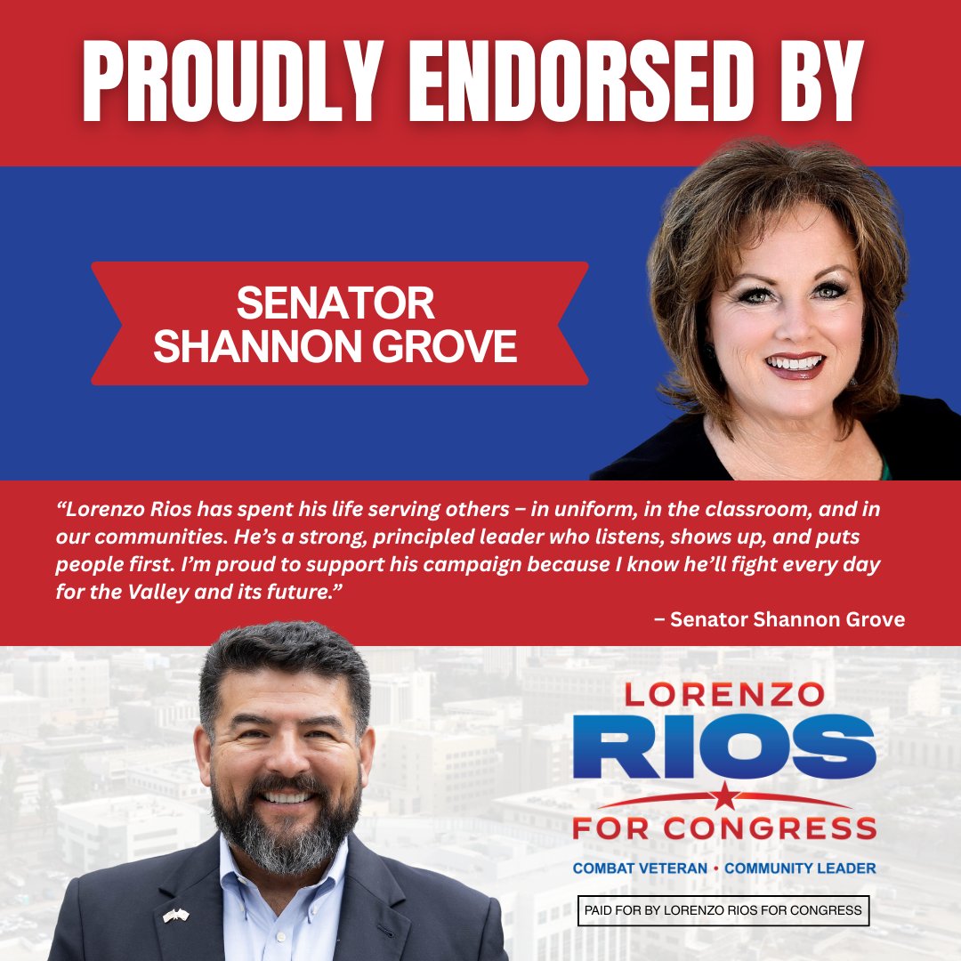 Lorenzo Rios (@lorenzoriosca) on Twitter photo Senator <a href="/shannongrove/">Shannon Grove</a> has been a fearless voice for the Central Valley, and I’m incredibly honored to have her support. I’m ready to bring servant leadership to Washington to champion opportunity and stand up for the families and values that make our Valley strong. #CA21 Senator <a href="/shannongrove/">Shannon Grove</a> has been a fearless voice for the Central Valley, and I’m incredibly honored to have her support. I’m ready to bring servant leadership to Washington to champion opportunity and stand up for the families and values that make our Valley strong. #CA21
