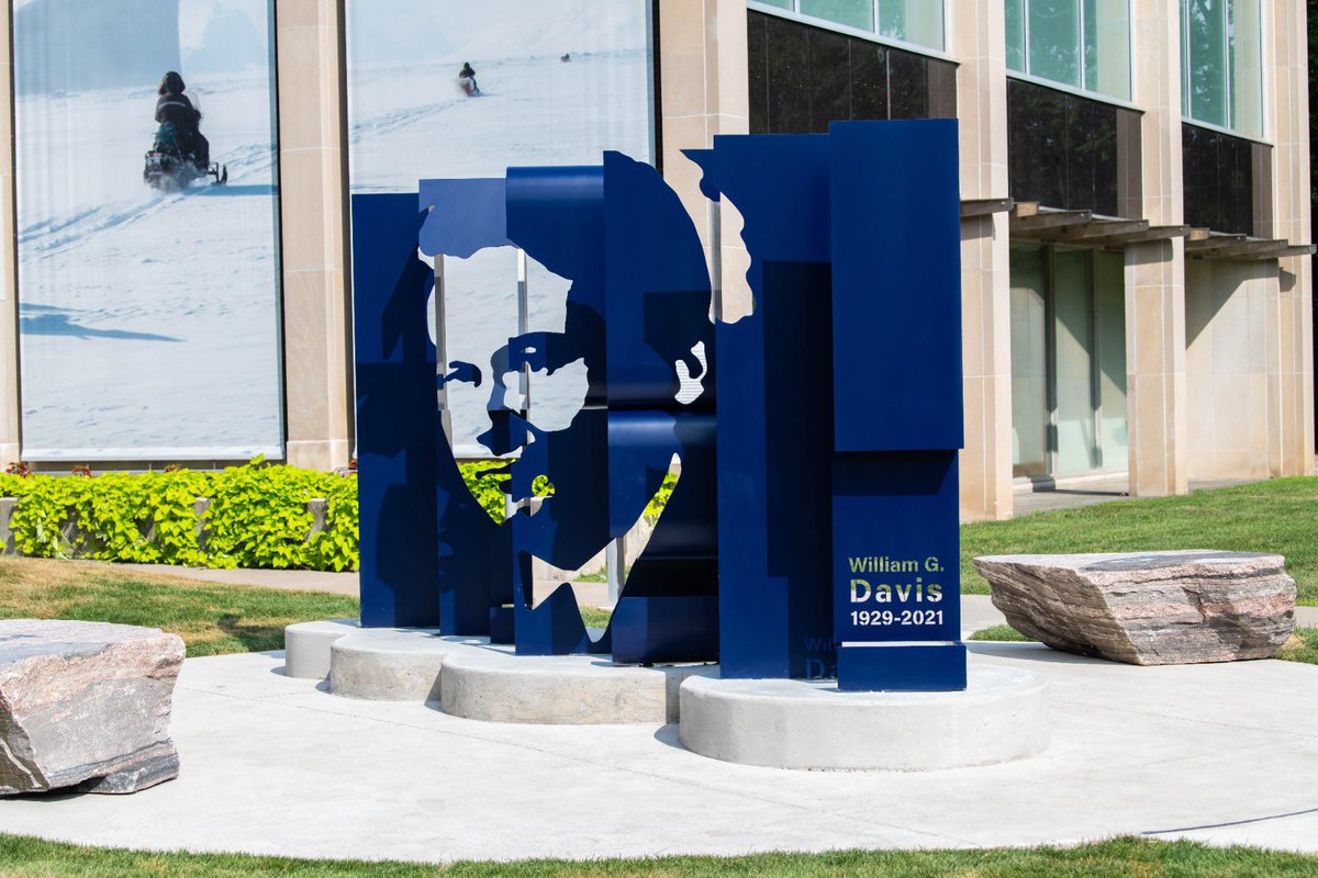 patrickbrownont's tweet photo. Today, the @CityBrampton unveiled Contours of Connection, a new memorial public artwork honouring the legacy of Premier William G. Davis. 
 
Located at @VisitPAMA, the sculpture was developed in partnership with the Government of Ontario and with support from the Davis family. Designed by artists Xiaojing Yan and Lilly Otasevic, the layered steel panels reveal Mr. Davis’ likeness, and the words 'educate' and 'inspire', reflecting his lifelong commitment to public education and civic service. 
 
Premier Davis, who served as Ontario’s 18th Premier from 1971 to 1985, was also a Member of Provincial Parliament for the Riding of Peel from 1959 to 1967 and for the Riding of Peel North from 1967 to 1975. His legacy includes the creation of Ontario’s college system, TVO, four new universities, the Ministry of the Environment, the Charter of Rights & Freedoms and expanded support for French & Catholic education. 
 
This new memorial is a lasting tribute to a leader whose impact continues to shape Brampton and beyond.