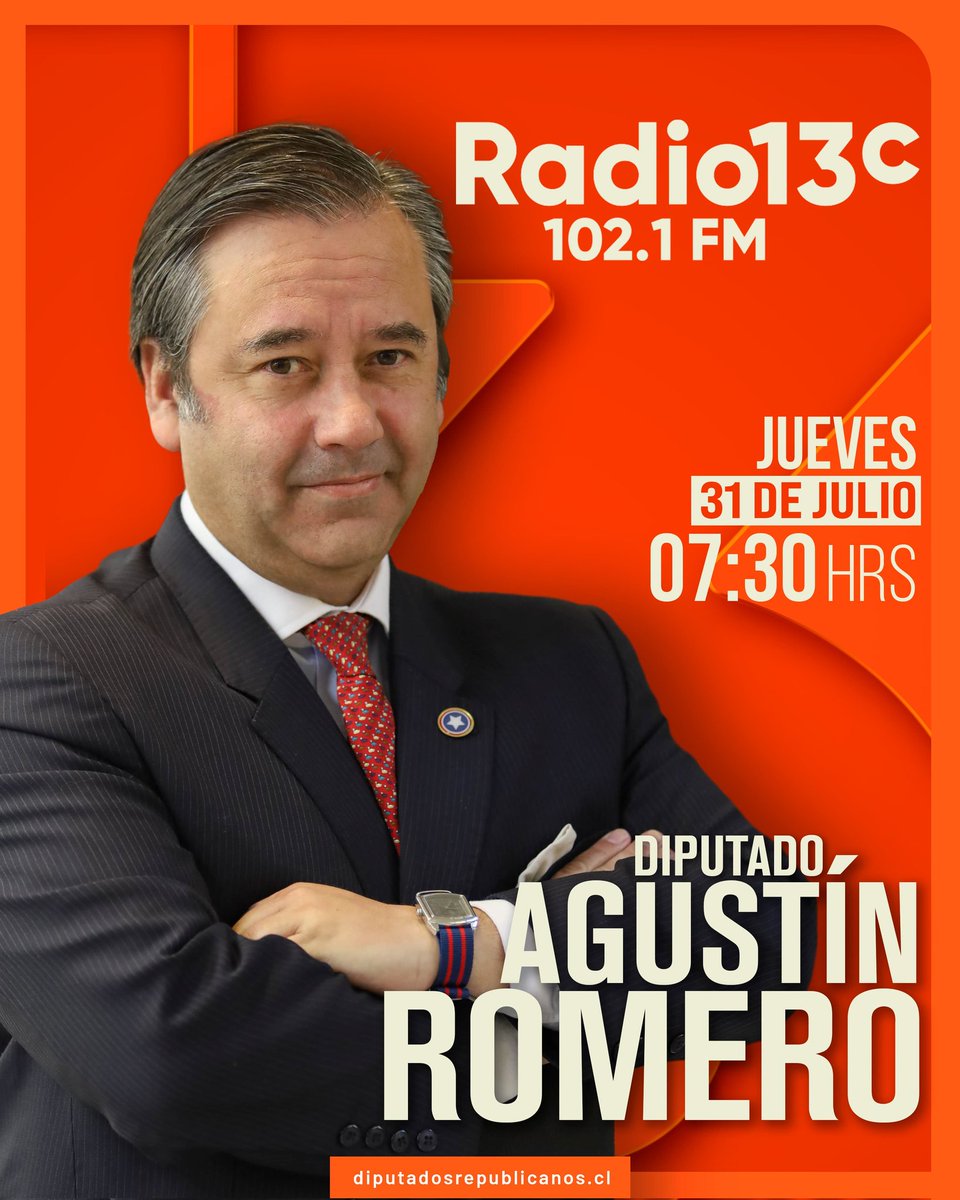 Agustín Romero Diputado👍🇨🇱 (@agustinromerole) on Twitter photo 📻 Este jueves 31 de julio a las 07:30 hrs estaré en Radio 13c (102.1 FM) hablando de lo que de verdad le importa a la gente: inseguridad, salud, inmigración ilegal y cómo este gobierno ha fracasado en todo eso. ¡No se lo pierdan! 📻 Este jueves 31 de julio a las 07:30 hrs estaré en Radio 13c (102.1 FM) hablando de lo que de verdad le importa a la gente: inseguridad, salud, inmigración ilegal y cómo este gobierno ha fracasado en todo eso. ¡No se lo pierdan!
