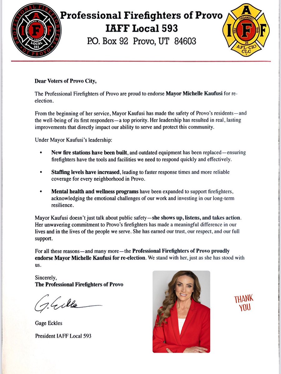 I am truly humbled to be endorsed by our Professional Provo firefighters. They are true heroes and put their lives on the line for the citizens of Provo. This honor means so much to me. Thank you to this amazing group 🚒🔥