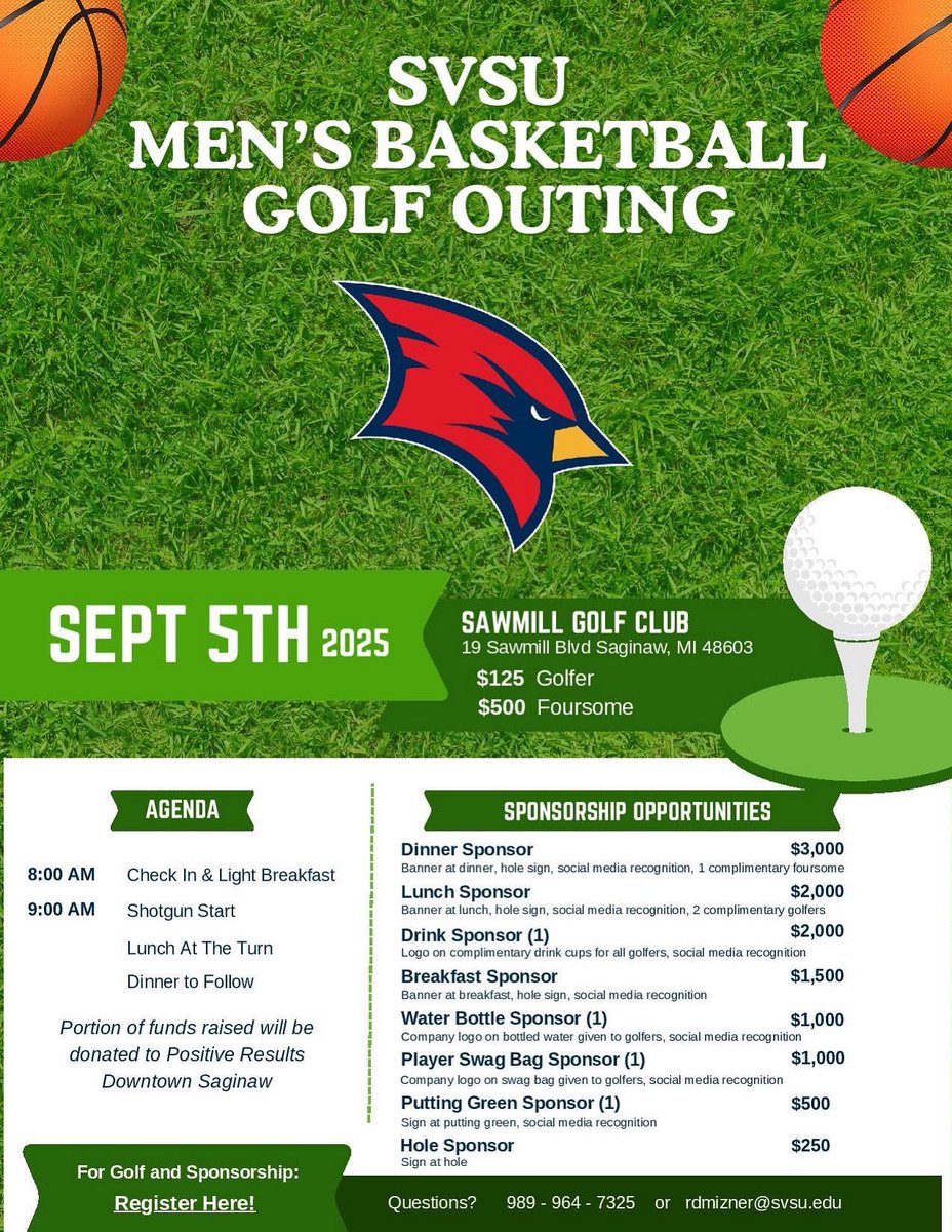 Saginaw Valley State MBB (@svsu_mbb) on Twitter photo 🏌️♂️⛳ Calling All Golfers! ⛳🏌️♀️
SVSU Men’s Basketball Golf Outing on September 5th, 2025 @ Sawmill Golf Club
💲$125 per Golfer | $500 per Foursome
Proceeds also support Positive Results Downtown Saginaw!
📍 Register now and tee it up with us!
👉 svsumensbasketballcamps.totalcamps.com/shop/product/5… 🏌️♂️⛳ Calling All Golfers! ⛳🏌️♀️
SVSU Men’s Basketball Golf Outing on September 5th, 2025 @ Sawmill Golf Club
💲$125 per Golfer | $500 per Foursome
Proceeds also support Positive Results Downtown Saginaw!
📍 Register now and tee it up with us!
👉 svsumensbasketballcamps.totalcamps.com/shop/product/5…