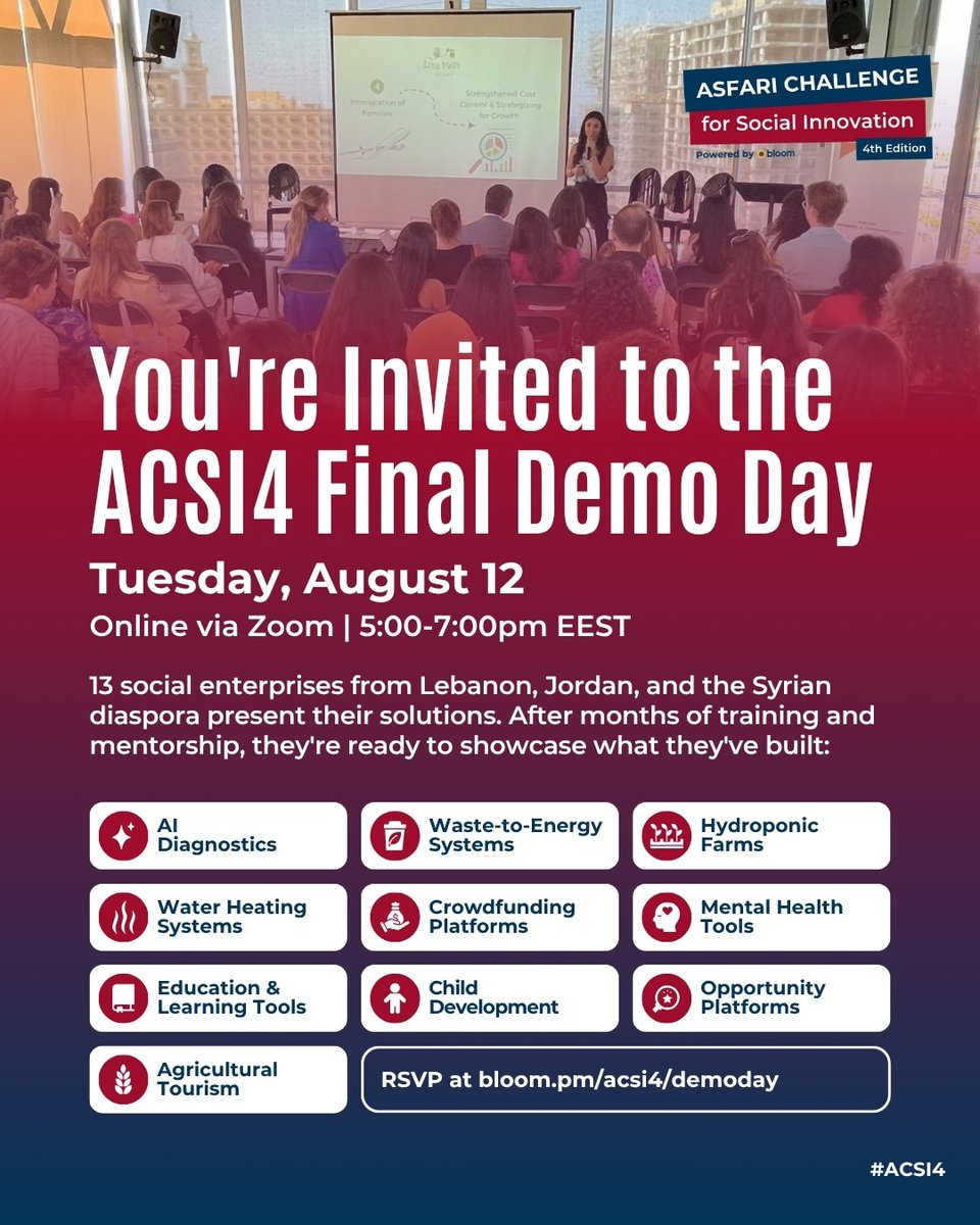 You're invited to the ACSI4 Final Demo Day 2025 on August 12! 🎉

Watch 13 impact-driven teams pitch innovations in AI, energy, edtech, health &amp; more.

🌍 Join virtually from 5–7pm EEST

🔗 Register: bloom.pm/acsi4/demoday

#ACSI4 #DemoDay