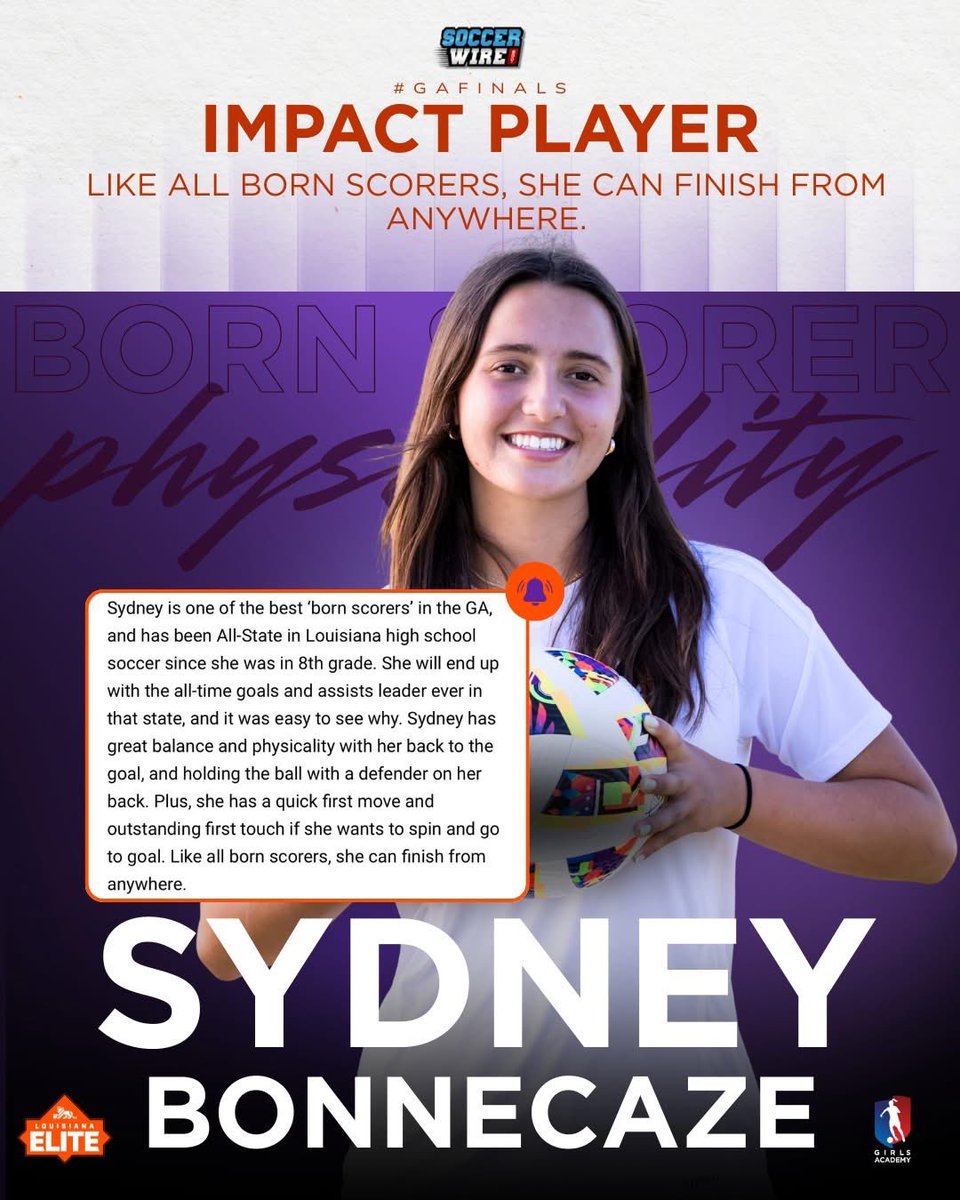 LAEliteSoccer's tweet photo. Sydney Bonnecaze is a born scorer and a standout for the 2009 GA squad. All-State since 8th grade, she' an incredible goal scorer with tremendous touch and skill.🎯
#GirlsAcademyLeague | #GAFinals | #ReignSupreme https://t.co/Rtx1evkFqt