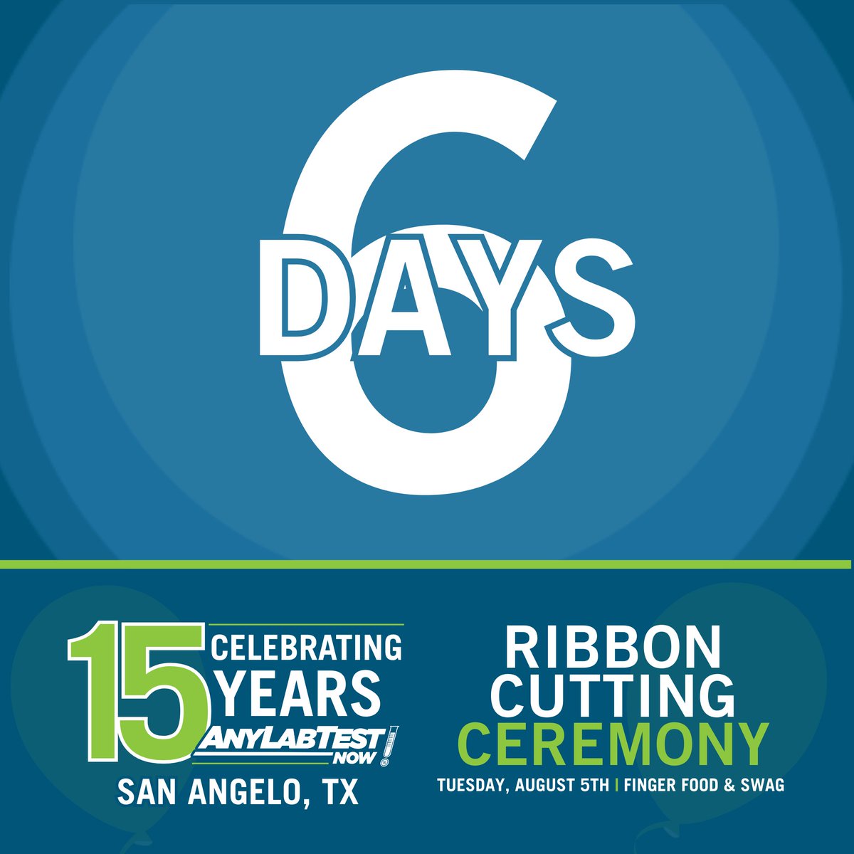 AnyLabTestSJT's tweet image. Only 6 days left till our Ribbon Cutting. You don&apos;t want to miss out on all the food and swag. #RibbonCutting #AnyLabTestsNowSanAngelo #15yearsstrong #August5th
