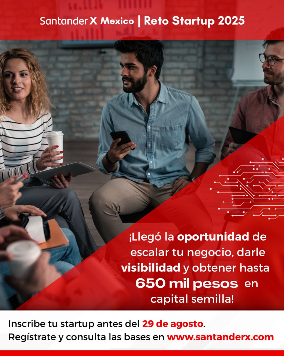 🤖Si tienes un startup con soluciones tecnológicas y buscas transformarla en un negocio real, no dejes pasar esta oportunidad.💻
 
 👉Inscríbete en acortar.link/iXmOyp
📅Antes del 29 de agosto
#SantanderX  #EmprendedorSantander