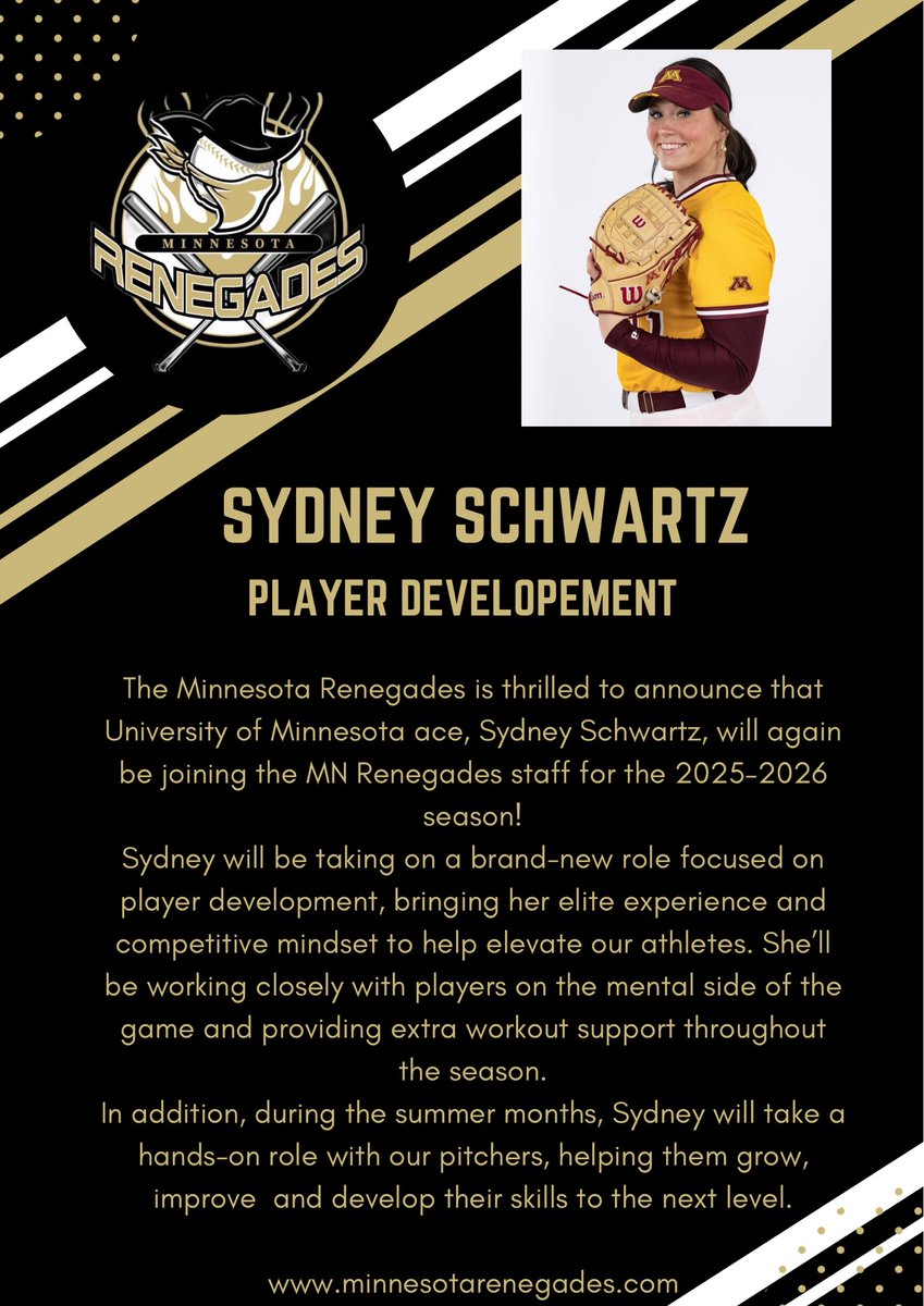 The Minnesota Renegades are excited to announce that MN Gopher -Sydney Schwartz- will be joining us again for the 2025-2026 season! <a href="/MNRenegadesSB/">Minnesota Renegades</a>  <a href="/syddschwartz11/">Sydney Schwartz</a> 

minnesotarenegades.com/tryouts