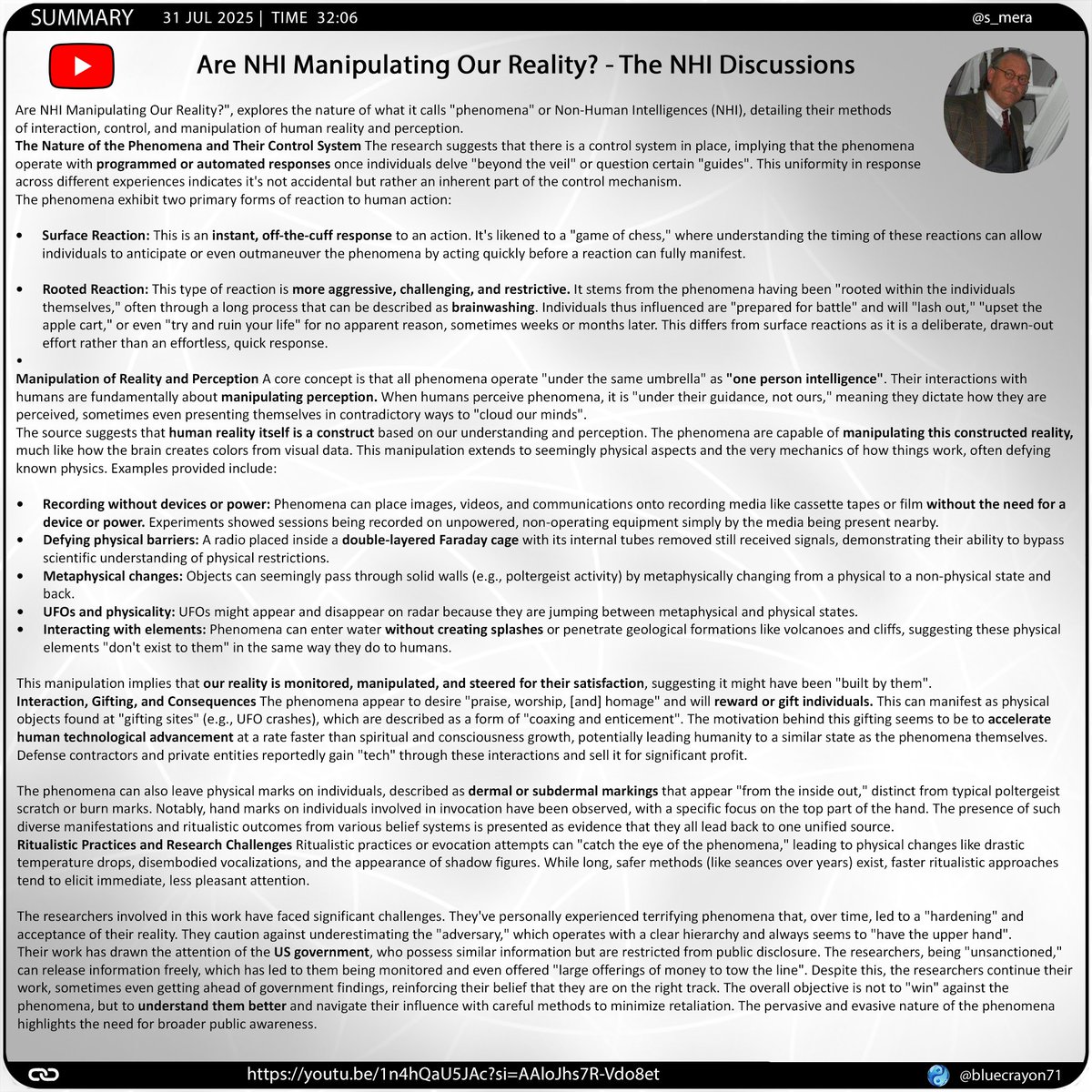 bluecrayon71's tweet image. Are NHI Manipulating Our Reality? - The NHI Discussions @s_mera
🔗 youtu.be/1n4hQaU5JAc?si…
#NHI #RealityManipulation #ControlSystem #Phenomena #Brainwashing #PerceptionControl #ConstructedReality #NHIGifting #SubdermalMarkings
#RitualisticPractices #UFOs