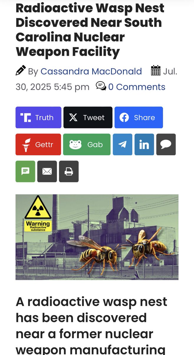 Donna Dammit (@donnaho10419758) on Twitter photo Radioactive wasp nest found at the Savannah River Site in Aiken County, South Carolina. But donโt worry theyโve destroyed the nest & the wasps ๐. And there is no radiation leaks. Only the insects are contaminated. ๐คช Radioactive wasp nest found at the Savannah River Site in Aiken County, South Carolina. But donโt worry theyโve destroyed the nest & the wasps ๐. And there is no radiation leaks. Only the insects are contaminated. ๐คช