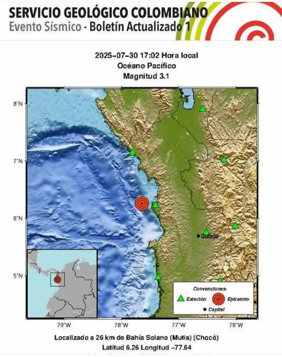 Colombia | Gobernadora de Chocó, Nubia Córdoba informó que sismo de  Magnitud 3.1, con epicentro en el municipio de Bahía Solano, generó oleaje  en el río Jella y otras bocanas. Adelantan verificaciones