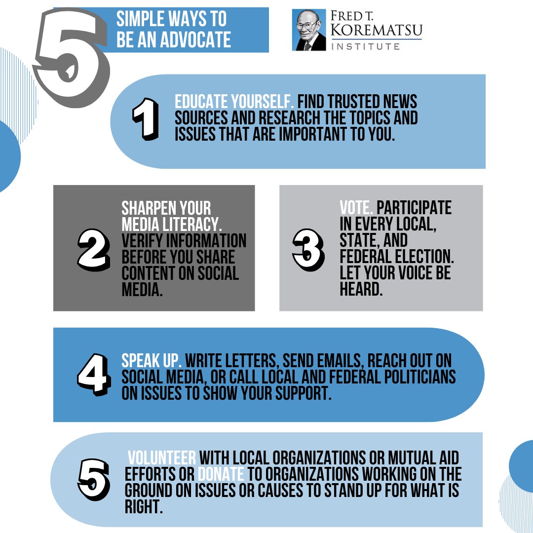 How can you be an advocate? It may seem daunting, but once you have identified a cause you are passionate about, there are many things you can do to support it. Find some things you can do with our “Five Simple Steps to be An Advocate” developed in honor of #FredKorematsuDay!