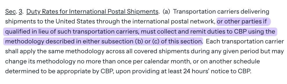 US removal of de minimis: This section is very important to posts.

Approved parties can calculate and collect duties and remit to CBP. To be a 100% clear, postal duties are effectively mandated to be collected at origin. There will be no collection upon delivery.