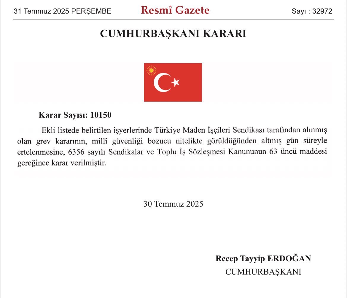 ajans_muhbir's tweet photo. #SonDakika | TÜRK-İŞ’in grev kararı, Erdoğan tarafından “milli güvenliği bozucu nitelikte” görüldüğünden 60 gün ertelendi. https://t.co/fMtGQasq9M