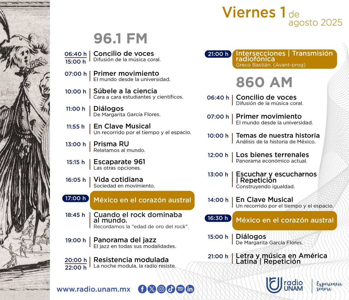 ¡#FelizViernes, #radionauta! 😎  
Deja que las ondas te envuelvan: infórmate, explora el pasado y déjate llevar por la #ExperienciaSonora de Greco Bastián 📰📜🎵  
Descubre lo que tenemos para ti #HoyEnRadioUNAM 👇