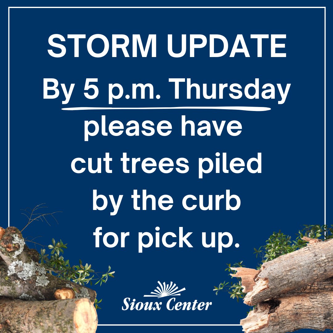 STORM UPDATE - Please have cut up trees and branches you would like the crews to collect piled by the curb for final pickup by 5 p.m. Thursday.
You can also continue to bring them to the tree collection sites:
- Parking lot at Heritage Village (701 2nd Ave. SW)
- Gravel area
