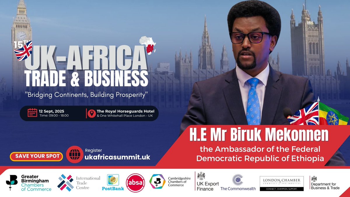 🌿 Ready to invest in Ethiopia?
From green energy to digital banking, the time is NOW.
Join Ambassador Mekonnen in London this September.
🔗 ukafricabusinesssummit.uk
#DigitalAfrica #AfricaFDI #ukas2025
ukafricabusinesssummit.uk/strategic-part…