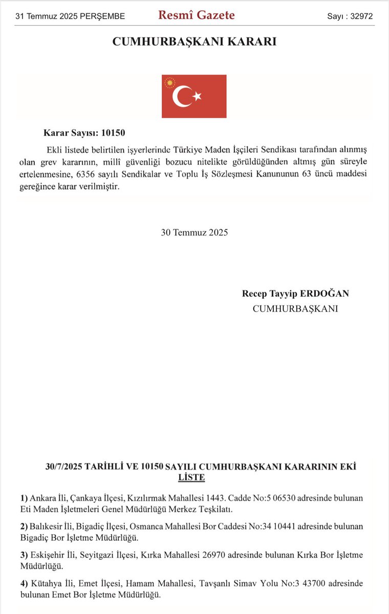 trenmakinisti's tweet photo. #SonDakika | Türkiye Maden İşçileri Sendikasının grev kararı Cumhurbaşkanı kararıyla 60 gün ertelendi.
#Kamuişçileri https://t.co/mYsUyMbDky