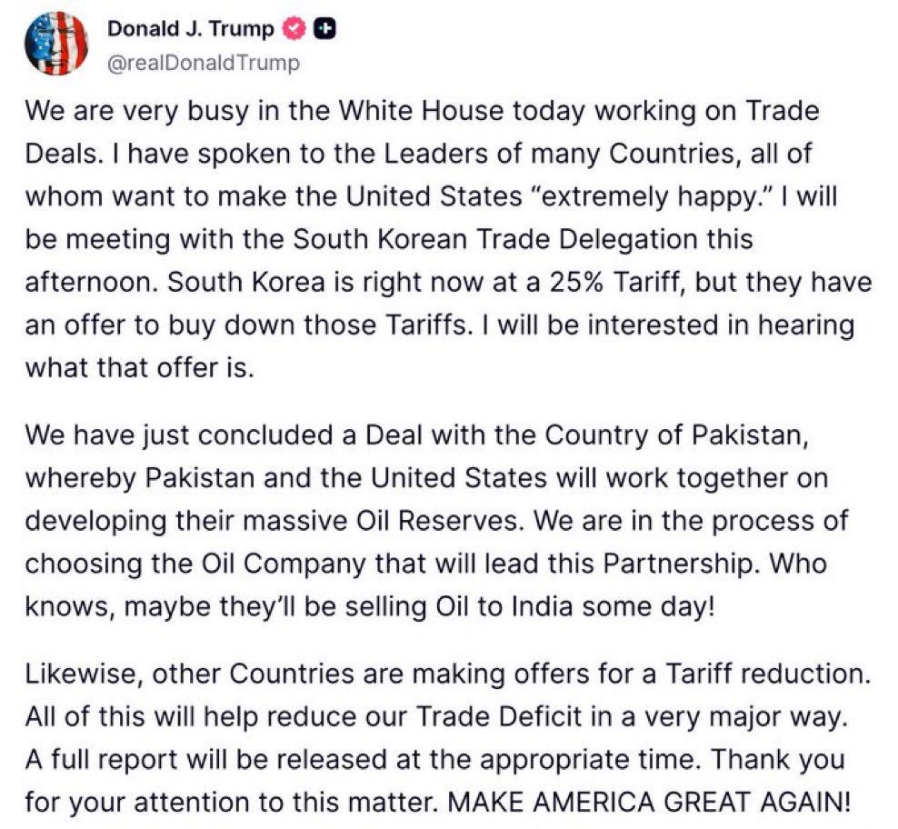 Fsahat Ul Hassan (@fsahat) on Twitter photo Big news! 🇵🇰🤝🇺🇸
#Pakistan seals a deal with the #US to jointly develop 🇵🇰 massive oil reserves, <a href="/realDonaldTrump/">Donald J. Trump</a> announced on #TruthSocial.
And guess what? #Trump says we might even be selling oil to 🇮🇳 someday. 😏
Big day for us. Bigger gulp day for #India.
#USEnergyDeal #MAGA Big news! 🇵🇰🤝🇺🇸
#Pakistan seals a deal with the #US to jointly develop 🇵🇰 massive oil reserves, <a href="/realDonaldTrump/">Donald J. Trump</a> announced on #TruthSocial.
And guess what? #Trump says we might even be selling oil to 🇮🇳 someday. 😏
Big day for us. Bigger gulp day for #India.
#USEnergyDeal #MAGA