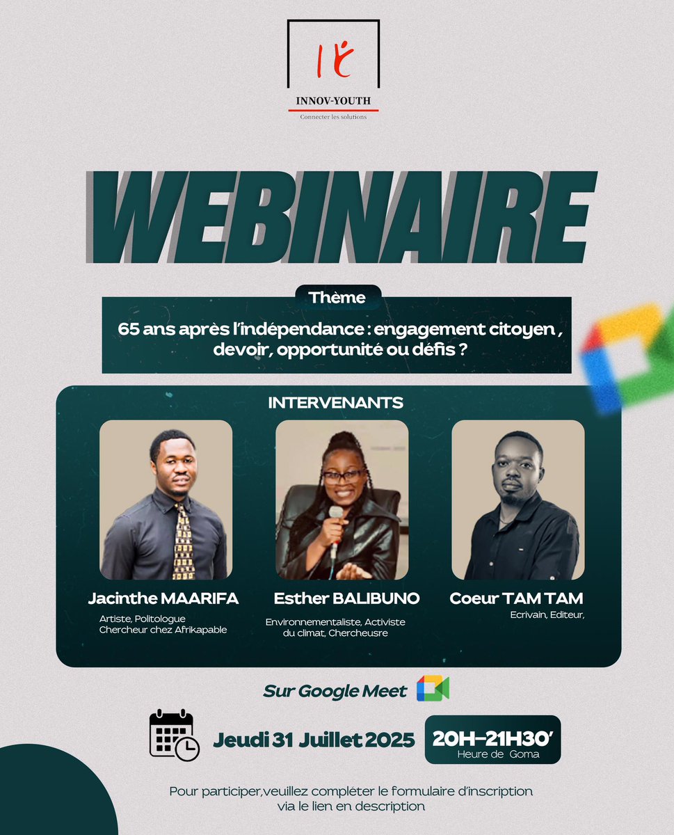 65 ans après l’indépendance : l’engagement citoyen, entre devoir, opportunités et défis, nous en parlons ce jeudi 31 juillet ! 

Heure : 20h30 ( Heure de Goma) 

Inscrivez-vous via ce lien : docs.google.com/forms/d/e/1FAI…