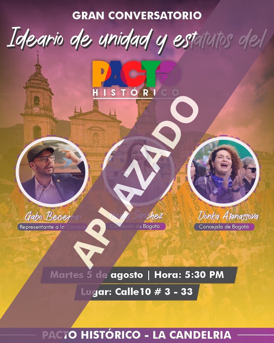Lamentamos informar que nuestro evento programado para el próximo martes será aplazado. 

Próximamente nueva fecha.
