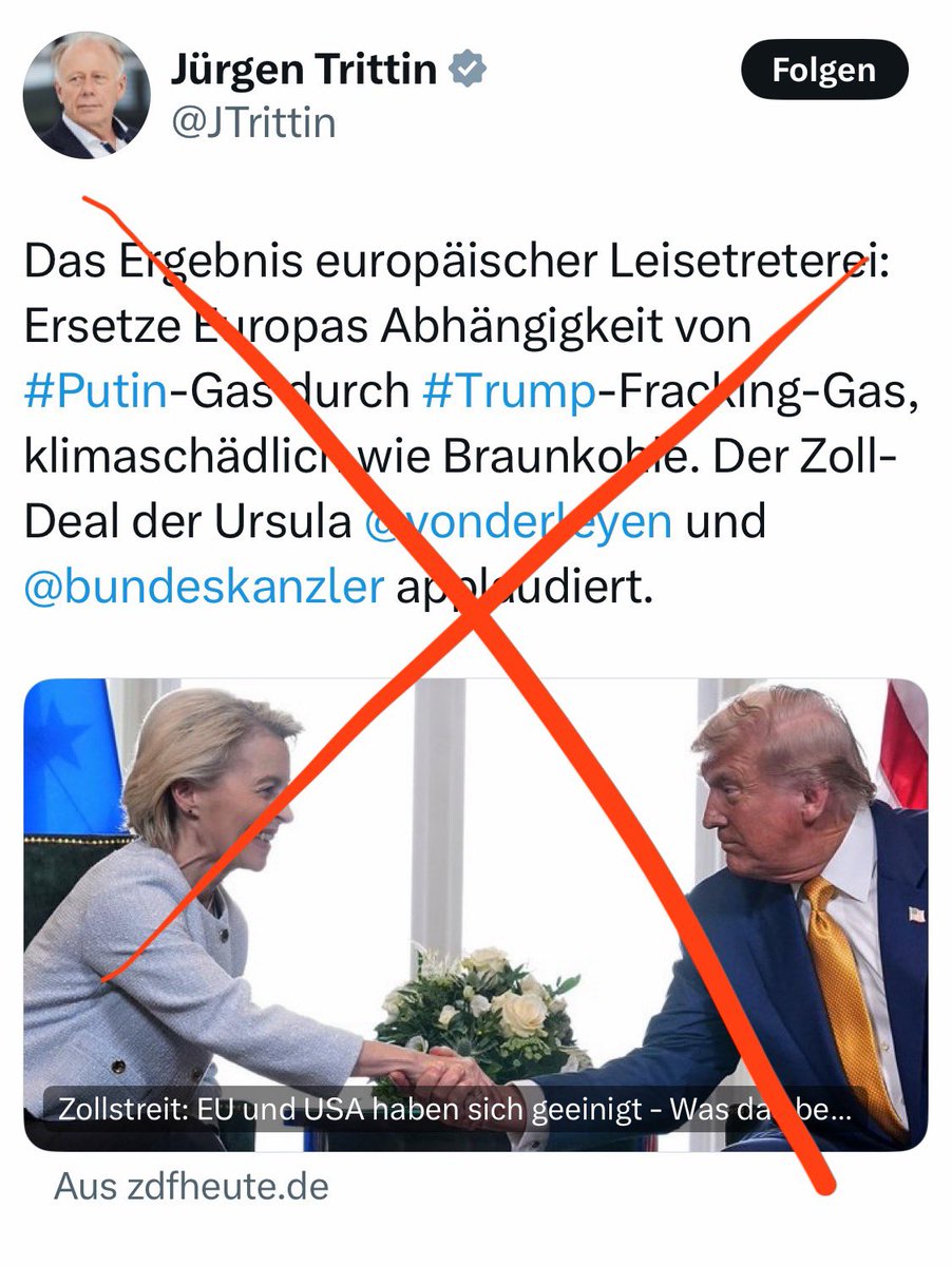 Gas als Backup der EE, weil Kernenergie verboten wird: Das hat <a href="/JTrittin/">Jürgen Trittin</a> mit Schröder und Fischer ausgeheckt. 
Und jetzt tut er so, als sei der Mist, den er selbst angerichtet hat, der von Trump &amp; von der Leyen.