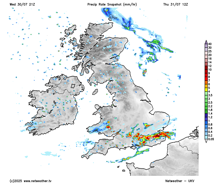 Possibility of thunderstorms developing over southern England later today. Flash flooding could be an issue as these cells may train over the same areas through the afternoon, bringing high rainfall totals.