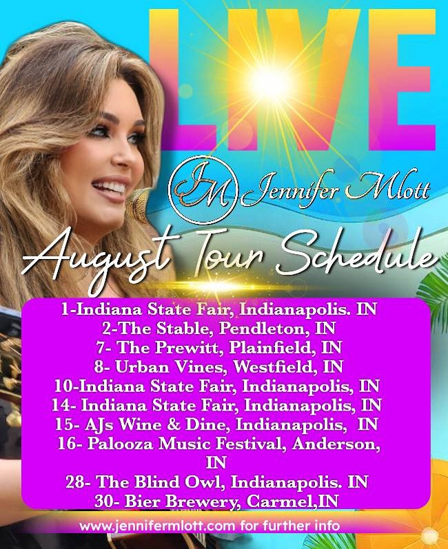 Who’s ready for a fantastic August!? We’ve got some epic shows starting this weekend! Come on out to these wonderful venues and I look forward to seeing you all at the Indiana State Fair starting this Friday! 🎡🎠🍭☀️ #jennifermlottmusic