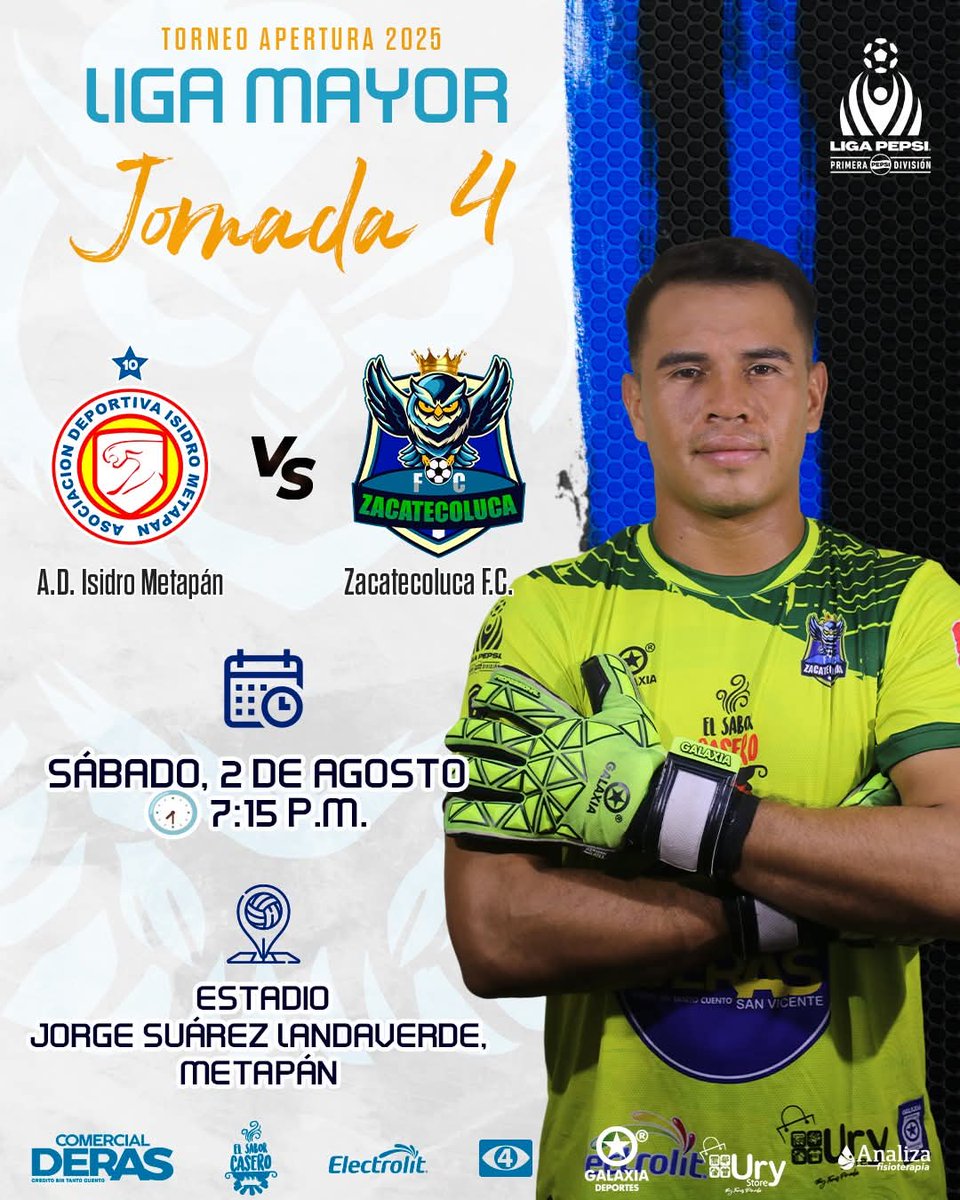 ⚽ 𝗠𝗔𝗬𝗢𝗥 | 𝗝𝗼𝗿𝗻𝗮𝗱𝗮 𝟰⁣
🗓️ Sábado, 2 de agosto⁣
🕢 7:15 p.m.⁣
📍 Estadio Jorge Suárez Landaverde, Metapán⁣
🛫 ¡Jugamos de visita!⁣
⁣
🔥 ¡𝘕𝘰𝘤𝘩𝘦 𝘥𝘦 𝘓𝘪𝘨𝘢 𝘗𝘦𝑝𝘴𝘪!⁣
Zacatecoluca F.C. visita a A.D. Isidro Metapán en la Jornada 4 del Apertura 2025.⁣