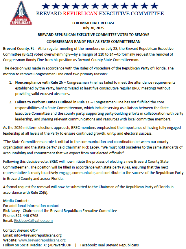 🚨BREAKING: At its July 28 meeting, the Brevard GOP voted 110–14 to remove Congressman Randy Fine as State Committeeman. The overwhelming vote cited repeated unexcused absences and failure to perform official duties as outlined in Party rules. A new election process is now